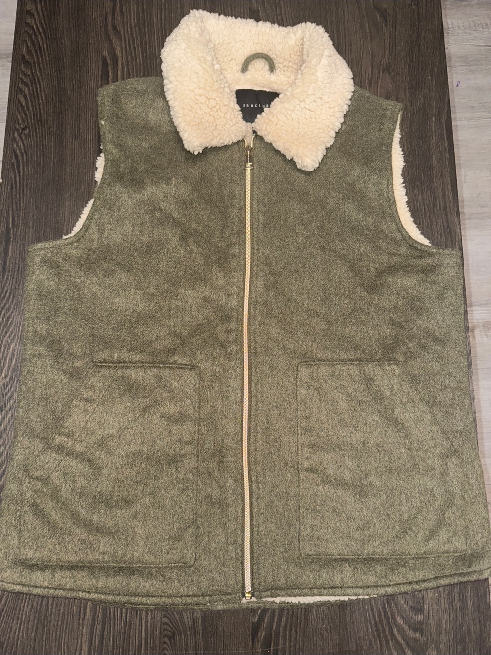 Sanctuary Olive Sherpa-Lined Zip Vest with Cream Collar